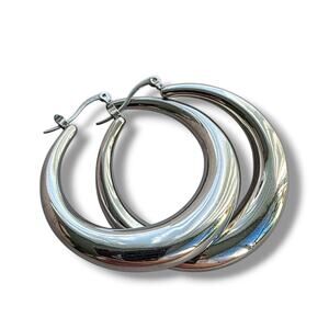 HSN Stately Steel Hoop Earrings smooth Silver Hollow New Signed